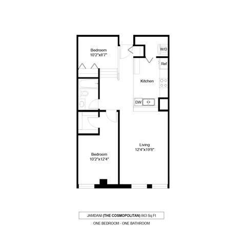 Floor plan for 1 bed, 1 bath, 863 sqft